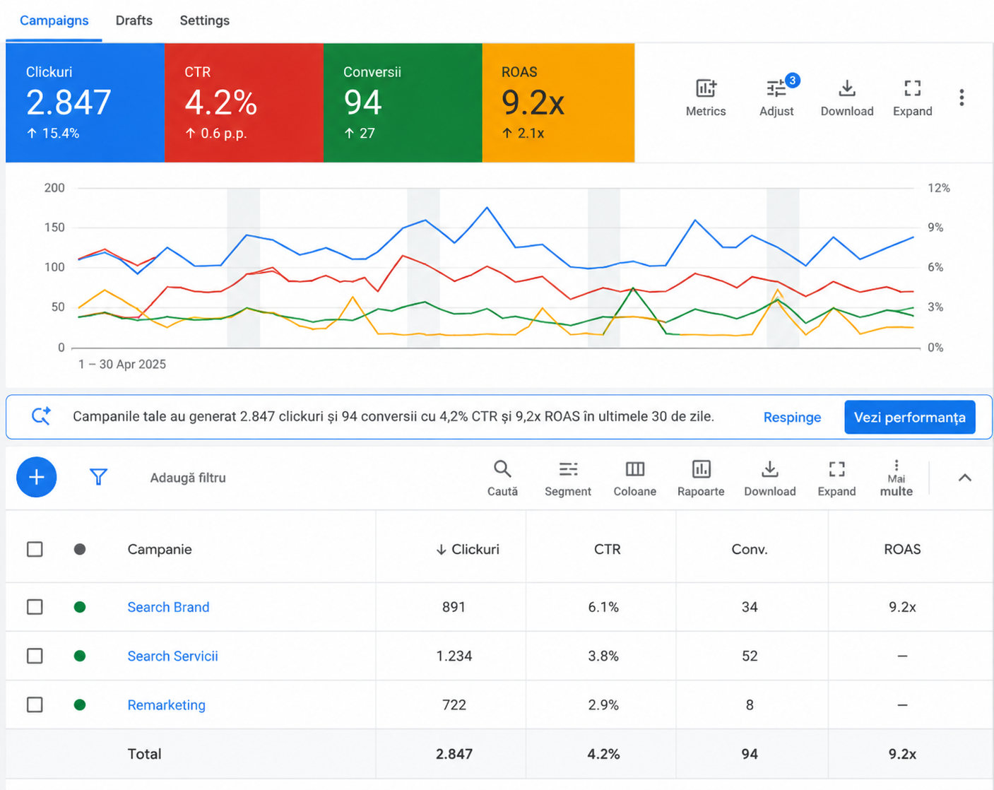Raport Google Ads — 2.847 clickuri, 94 conversii, 9.2x ROAS