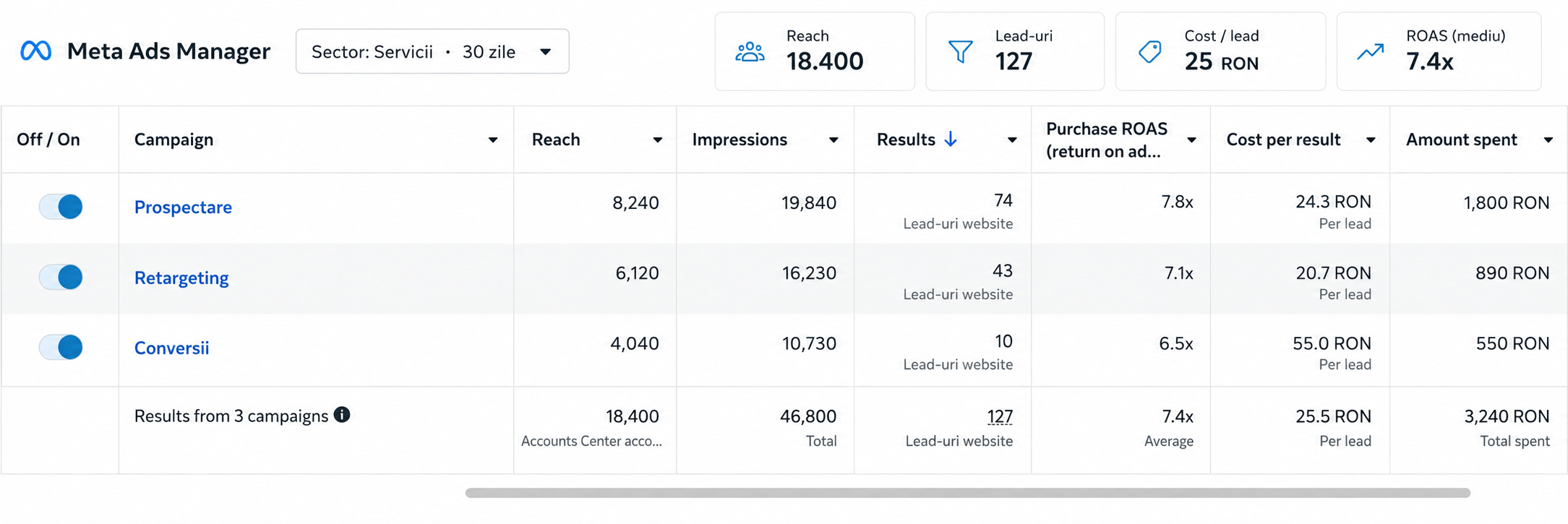 Raport Meta Ads Manager — 127 lead-uri, 25 RON / lead, 7.4x ROAS