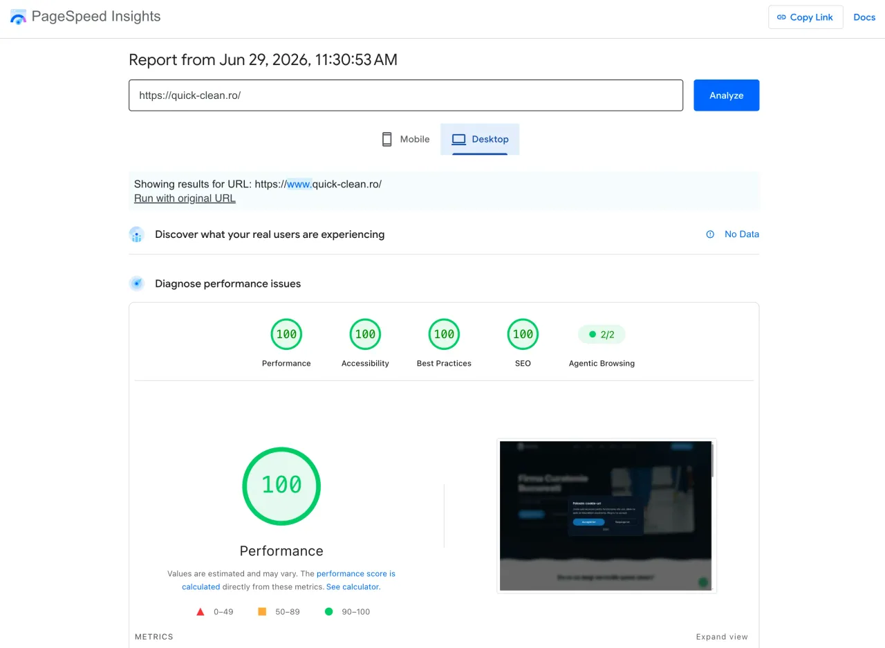 Raport Google PageSpeed Insights pentru quick-clean.ro, pe desktop
