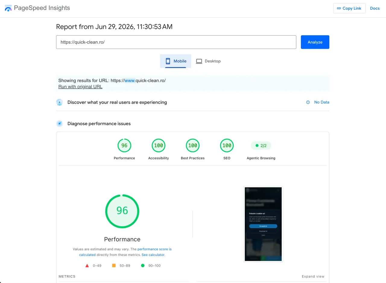 Raport Google PageSpeed Insights pentru quick-clean.ro, pe mobil