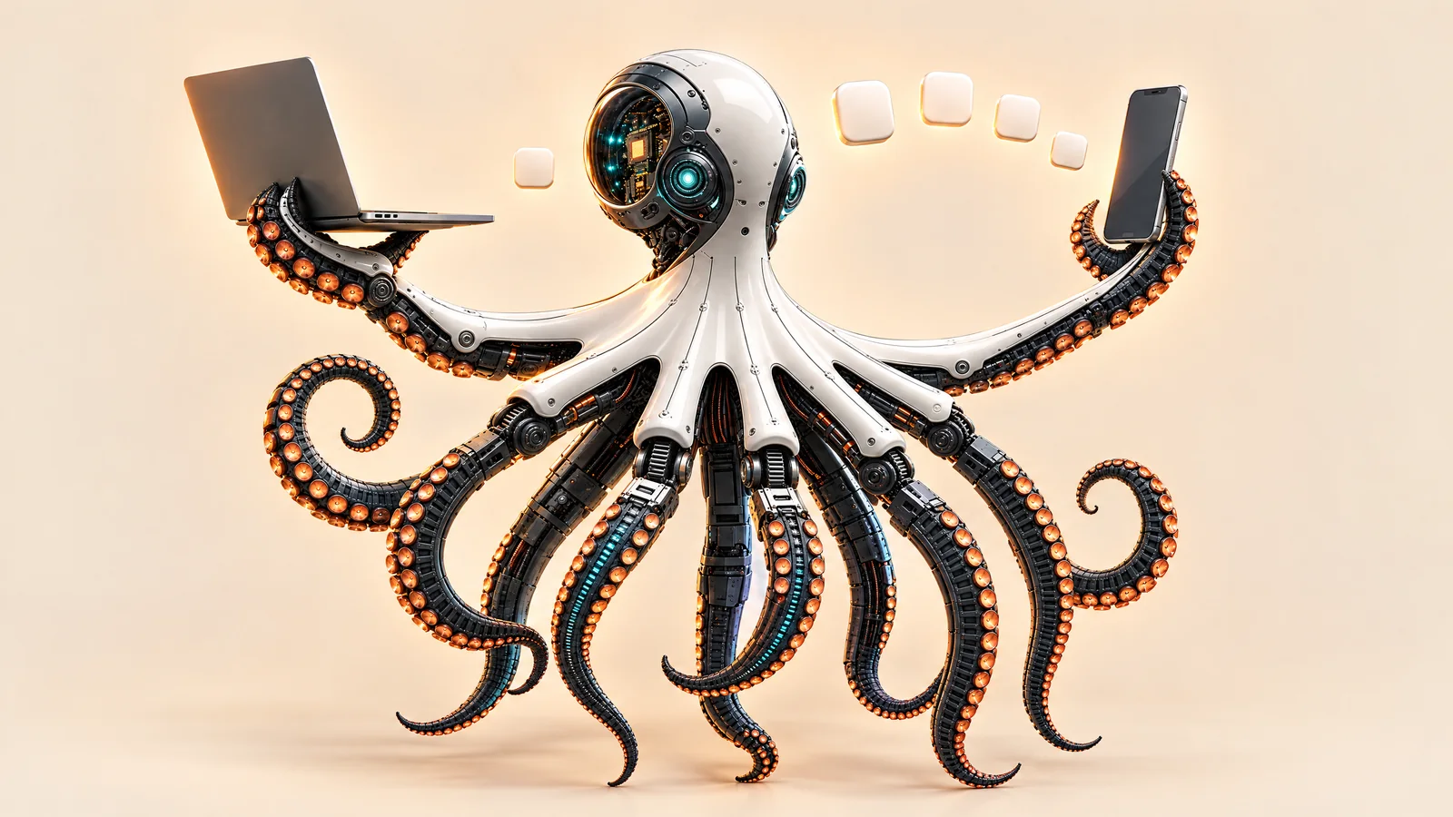 Ilustrație cu o caracatiță robot care cântărește un laptop și un telefon, ca într-o balanță