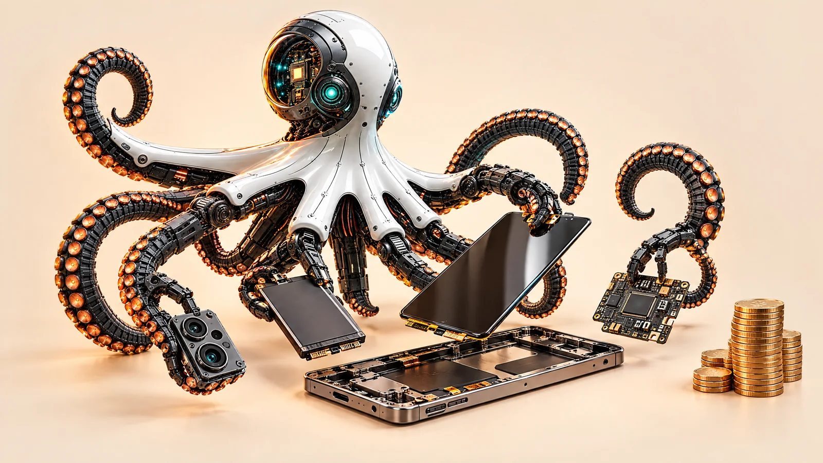 Ilustrație cu o caracatiță robot care asamblează un telefon uriaș din piese, lângă un teanc de monede