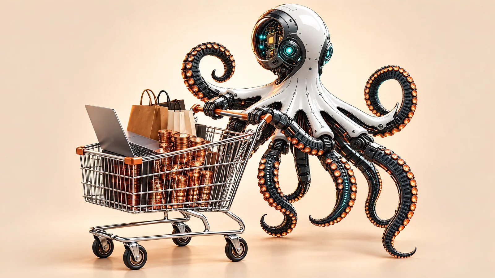 Ilustrație cu o caracatiță robot care împinge un coș de cumpărături cu un laptop, monede și pungi