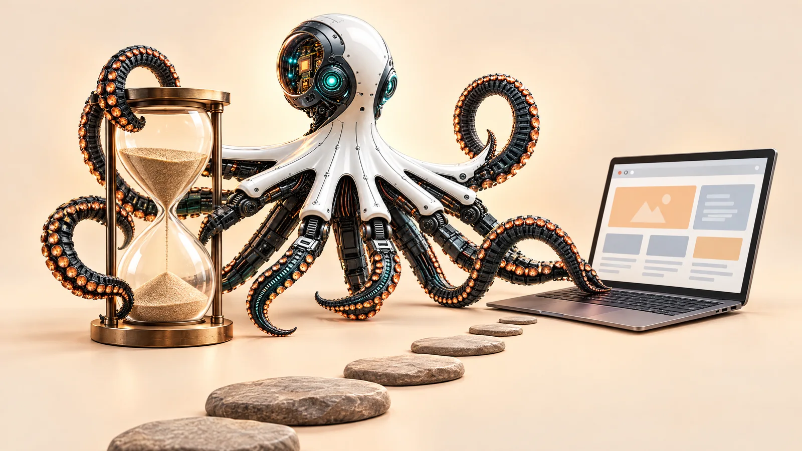 Ilustrație cu o caracatiță robot lângă o clepsidră, un laptop cu machetă de site și pietre de pas