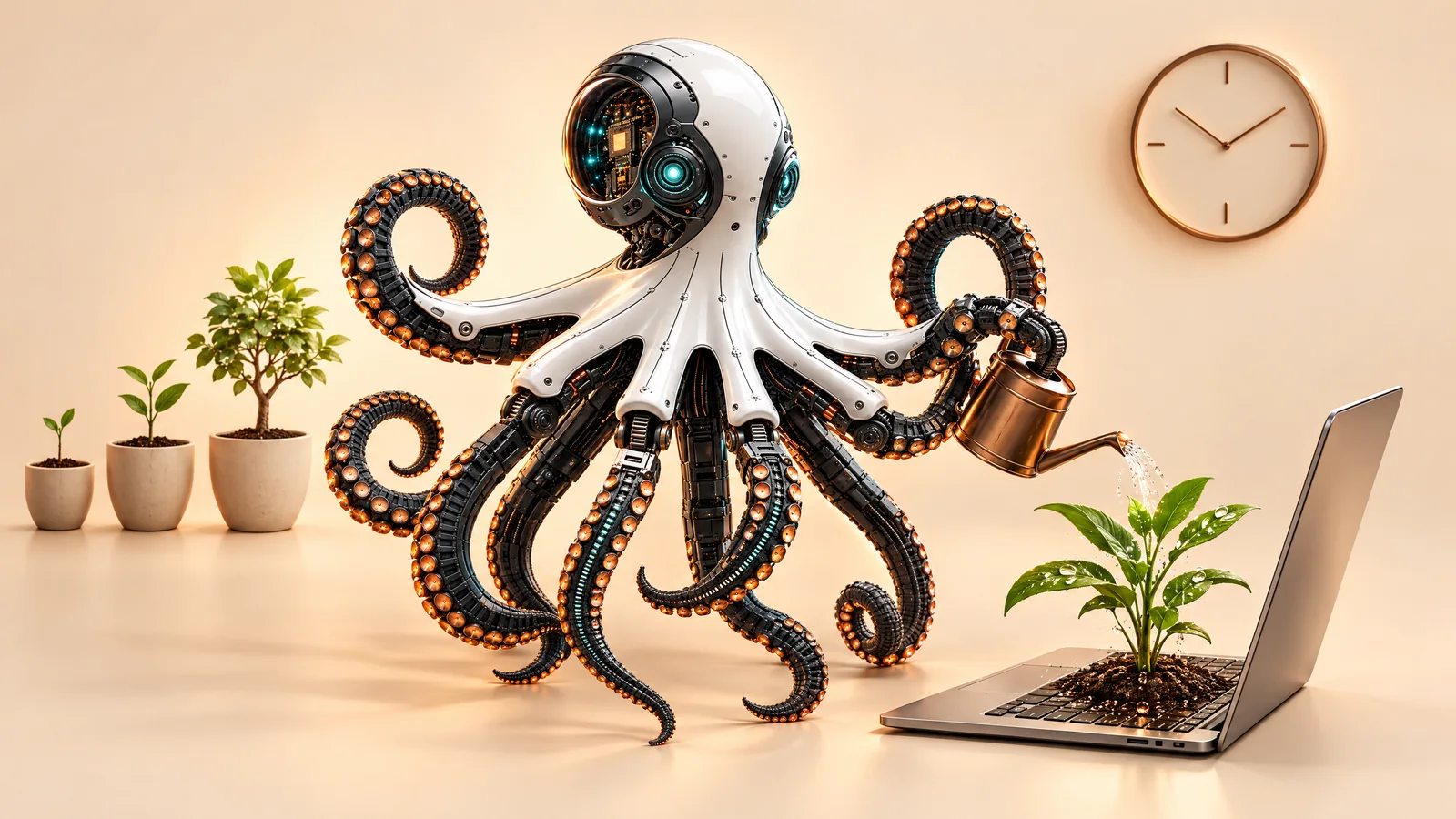 Ilustrație cu o caracatiță robot care udă o plantă ce crește dintr-un laptop, lângă un ceas