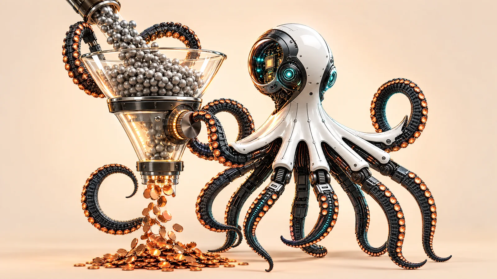 Ilustrație cu o caracatiță robot care reglează o pâlnie prin care bilele se transformă în monede