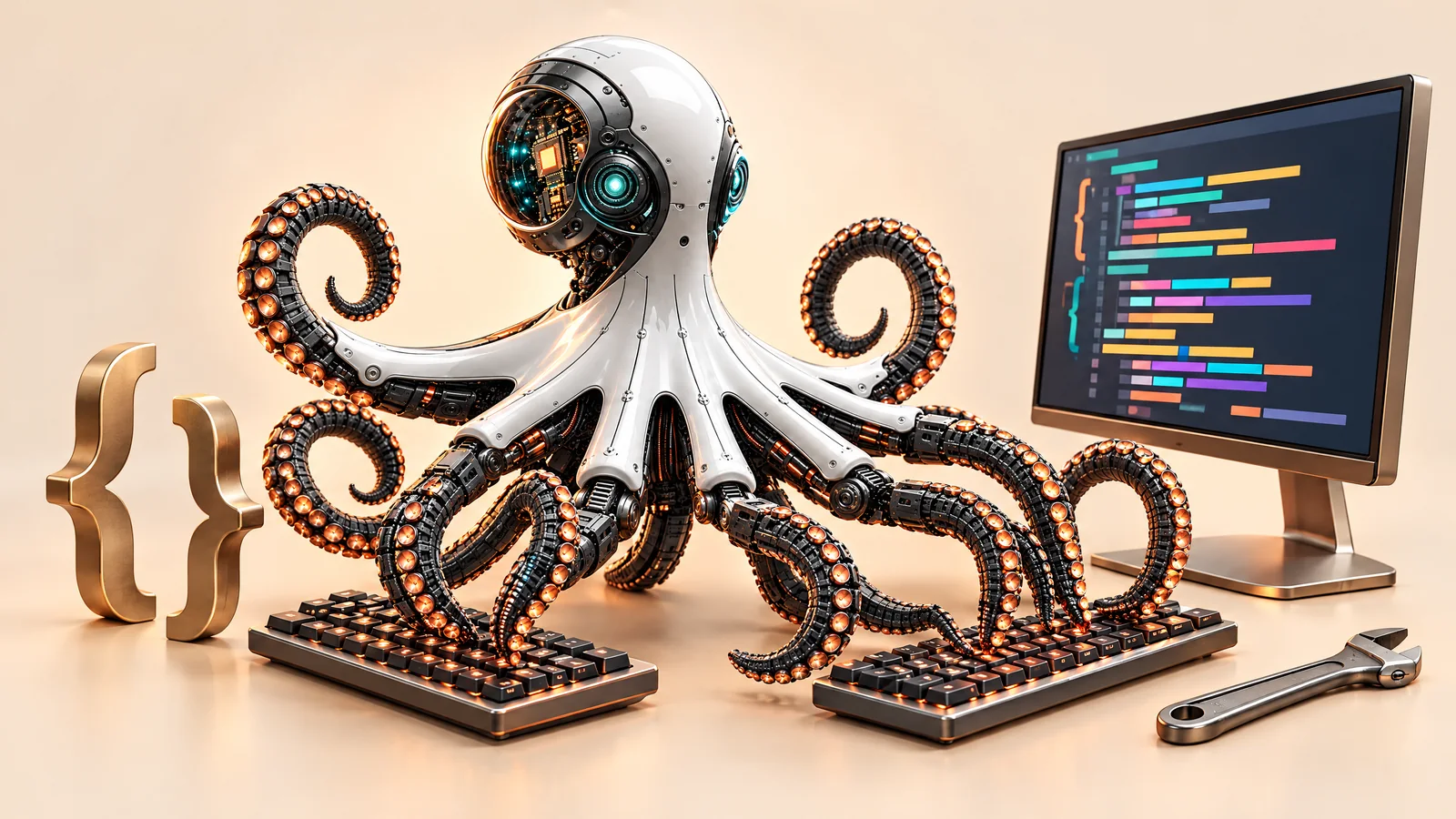 Ilustrație cu o caracatiță robot care lucrează la două tastaturi, cu un monitor plin de blocuri de cod colorate