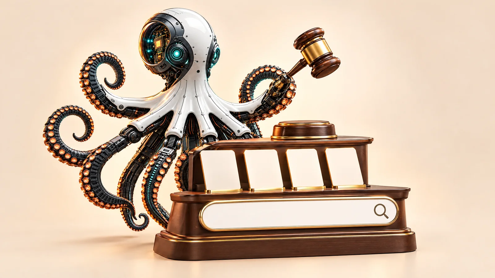 Ilustrație cu o caracatiță robot cu un ciocan de licitație lângă o bară de căutare și cartonașe de anunțuri