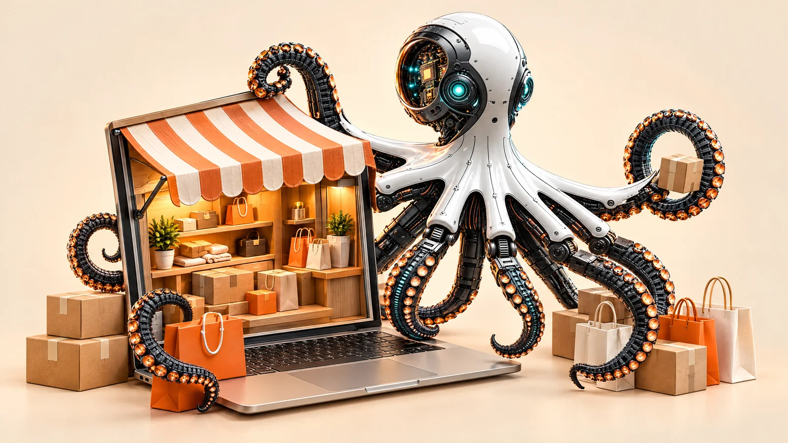 Ilustrație cu o caracatiță robot care deschide un mic magazin cu copertină construit pe un laptop, cu cutii