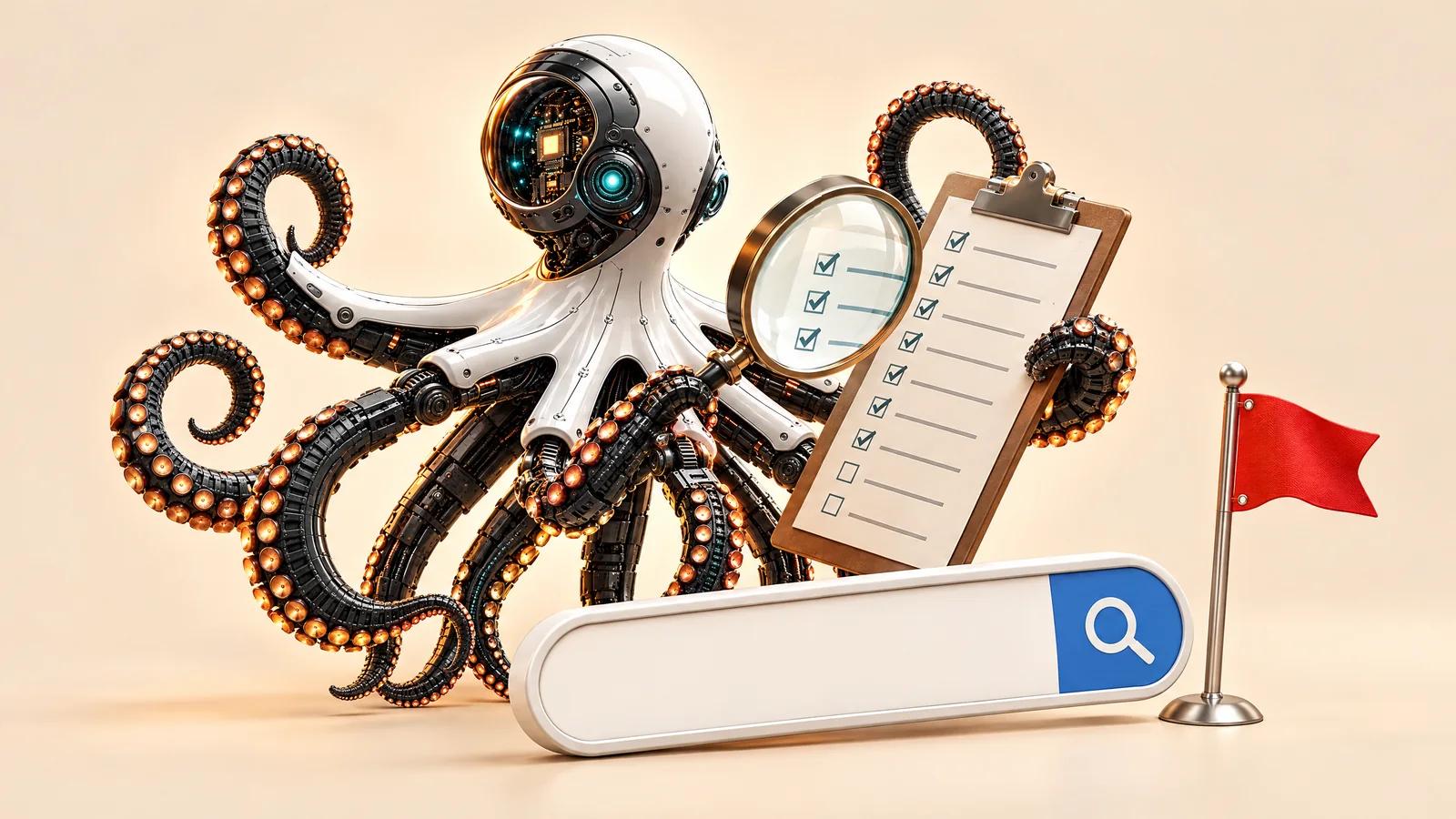 Ilustrație cu o caracatiță robot care studiază cu lupa o listă de verificare lângă o bară de căutare