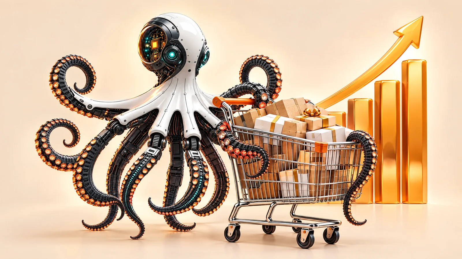 Ilustrație cu o caracatiță robot lângă un coș plin de cutii și un grafic cu săgeată ascendentă