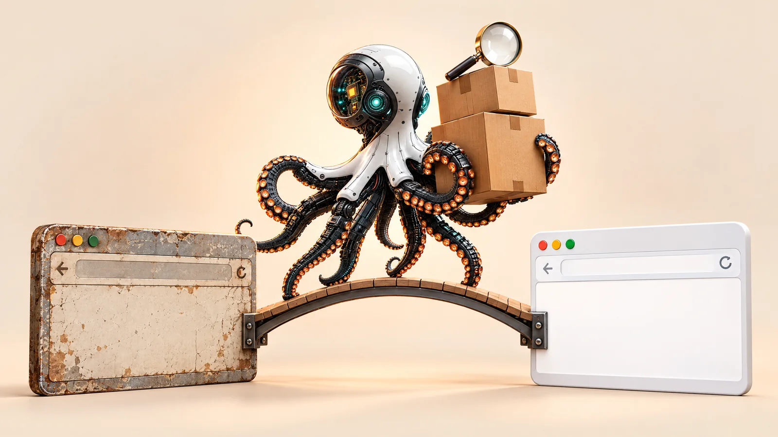 Ilustrație cu o caracatiță robot care mută cutii pe un pod între o fereastră de site veche și una nouă