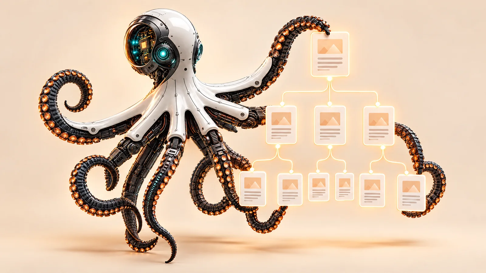 Ilustrație cu o caracatiță robot care aranjează o schemă arborescentă de pagini conectate