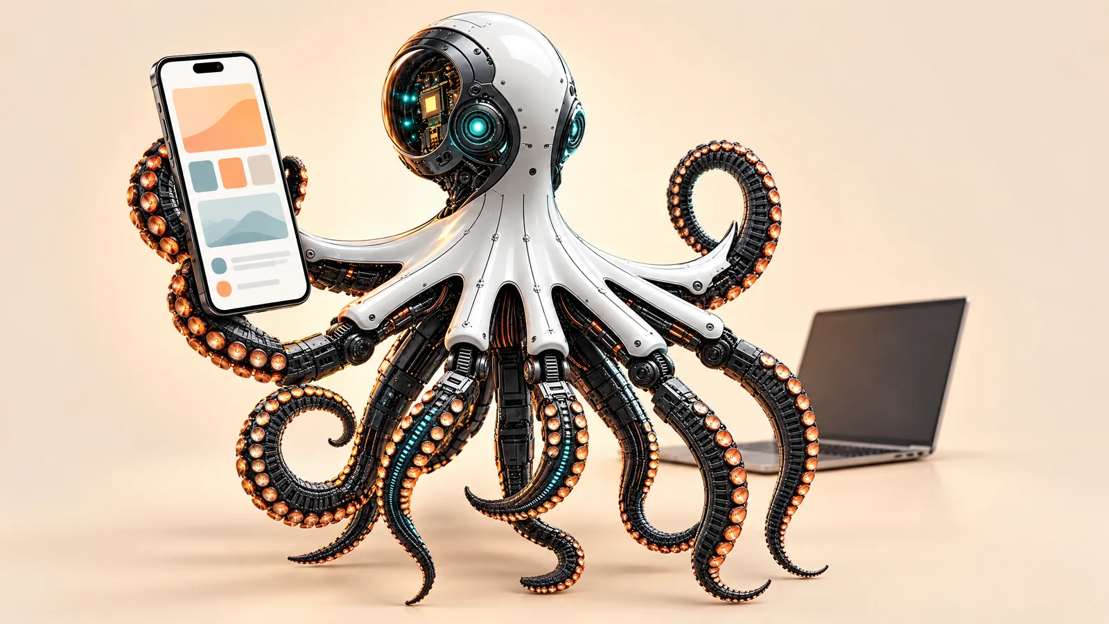 Ilustrație cu o caracatiță robot care ține în față un telefon mare, cu un laptop mic lăsat în spate