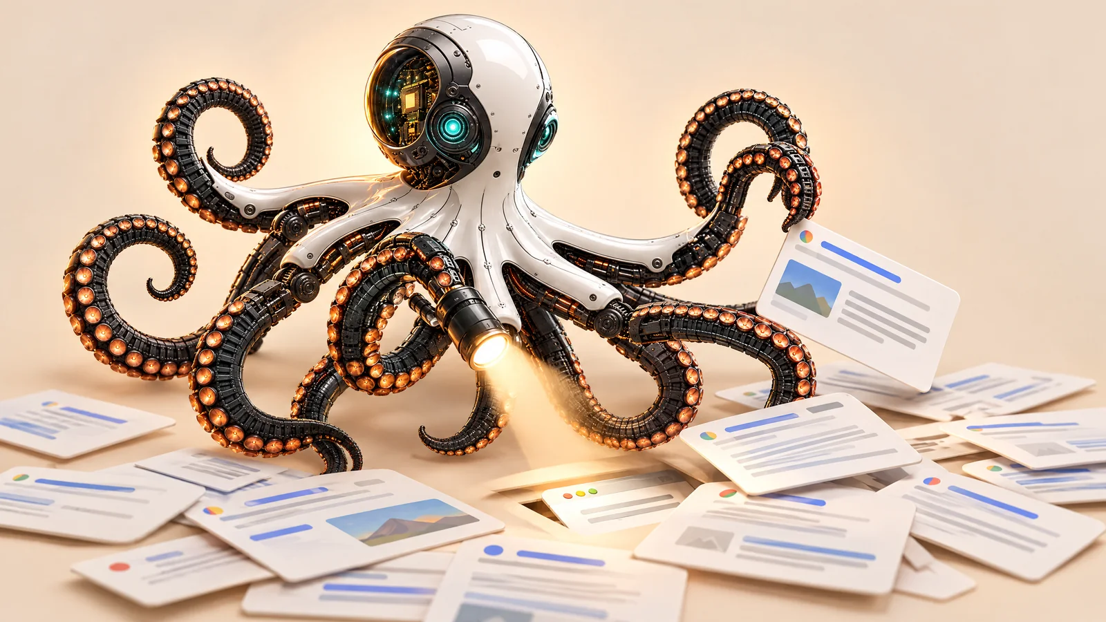 Ilustrație cu o caracatiță robot care caută cu lanterna o fereastră de site pierdută printre carduri