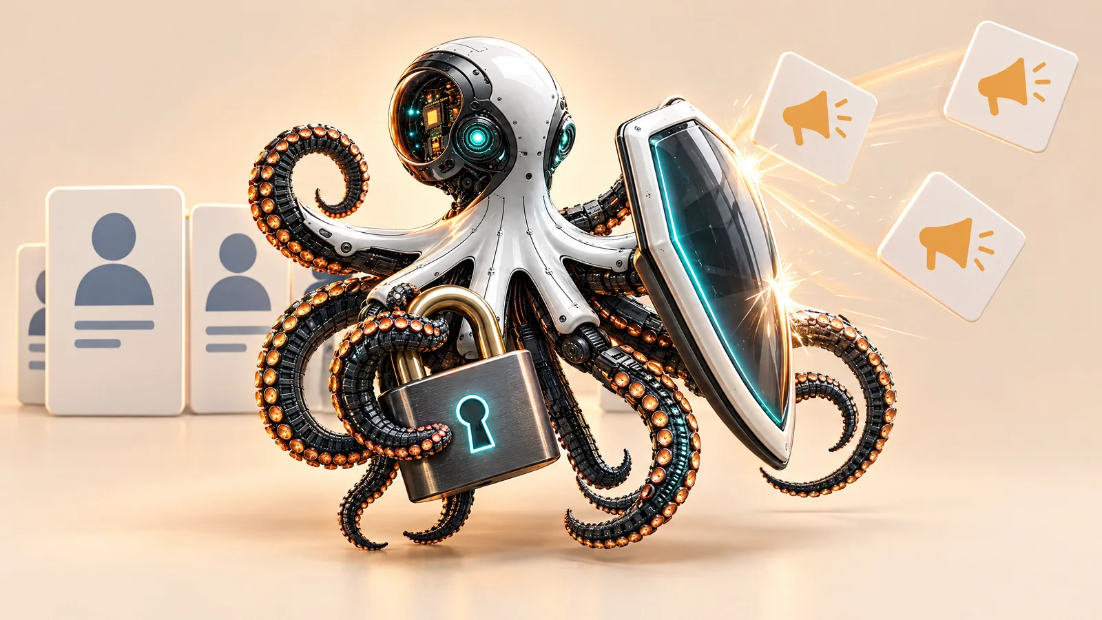 Ilustrație cu o caracatiță robot care protejează cu un scut și un lacăt profilurile utilizatorilor de anunțuri