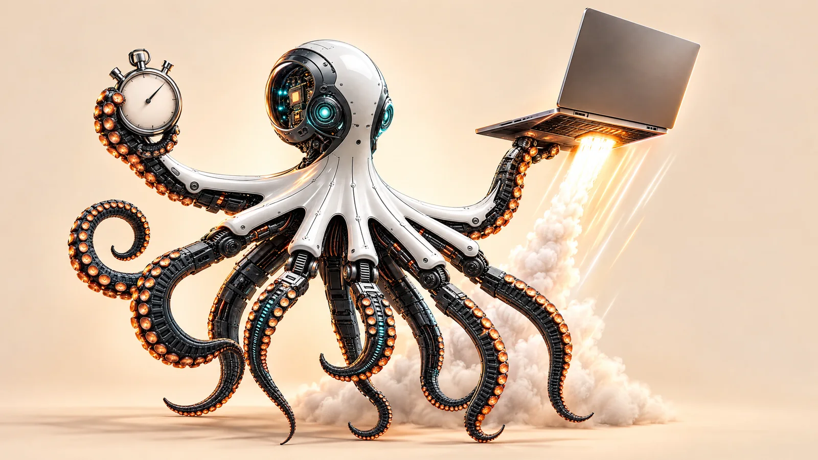Ilustrație cu o caracatiță robot cu un cronometru lângă un laptop care pornește rapid ca o rachetă