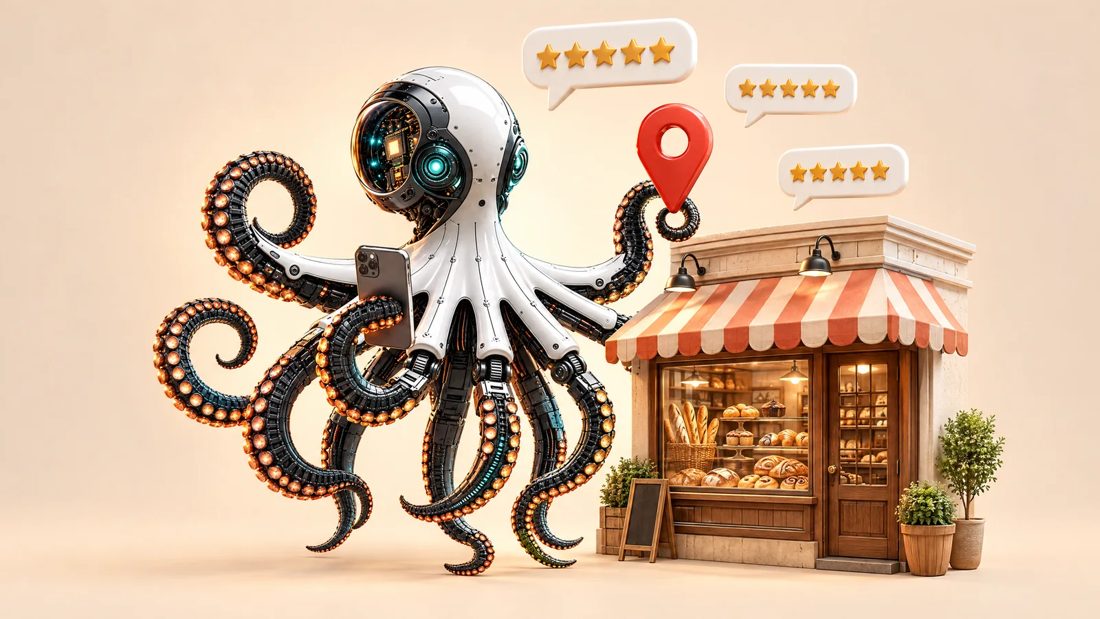 Ilustrație cu o caracatiță robot lângă o mică vitrină de cartier, cu un telefon, un pin de hartă și stele