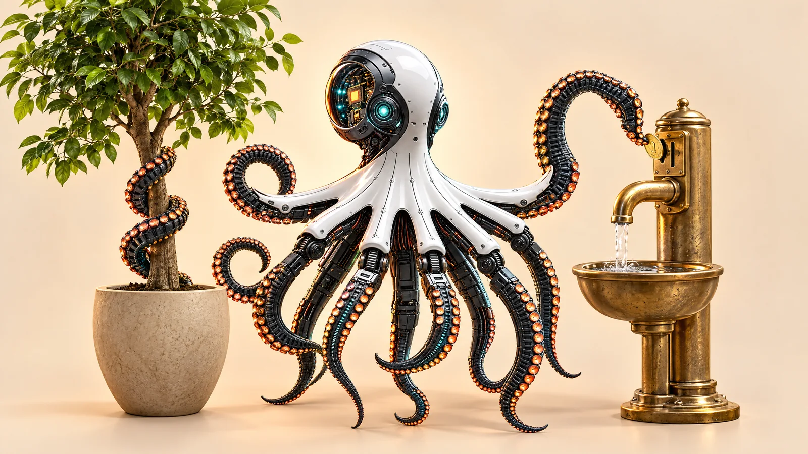 Ilustrație cu o caracatiță robot între un copac care crește și un robinet care merge doar cu monede