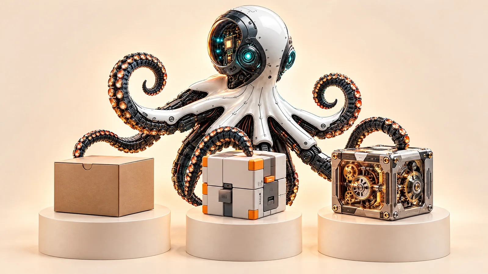 Ilustrație cu o caracatiță robot care alege între trei cutii de magazin diferite, una cu roți dințate