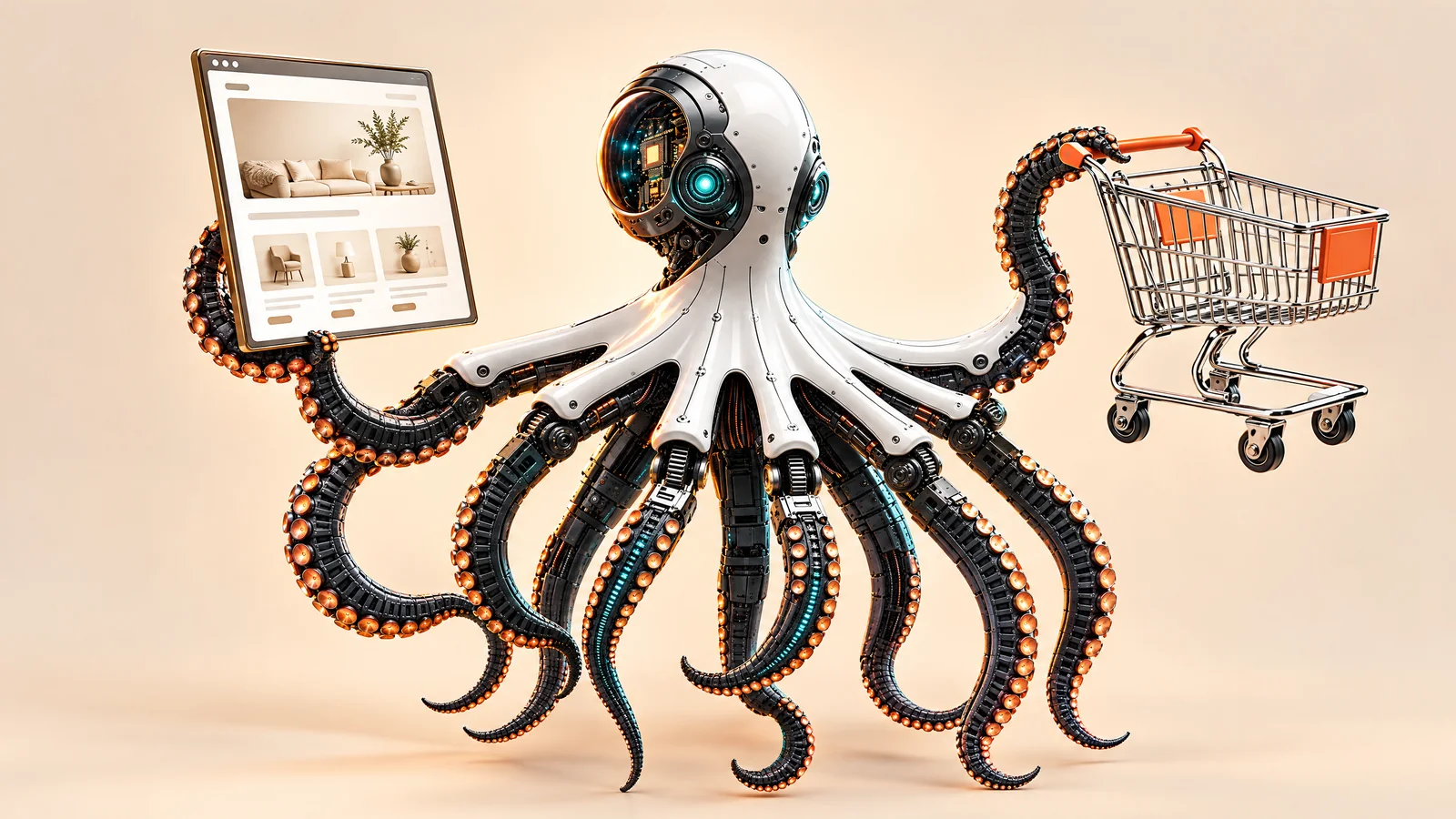 Ilustrație cu o caracatiță robot care ține o pagină de prezentare într-un tentacul și un coș de cumpărături în altul