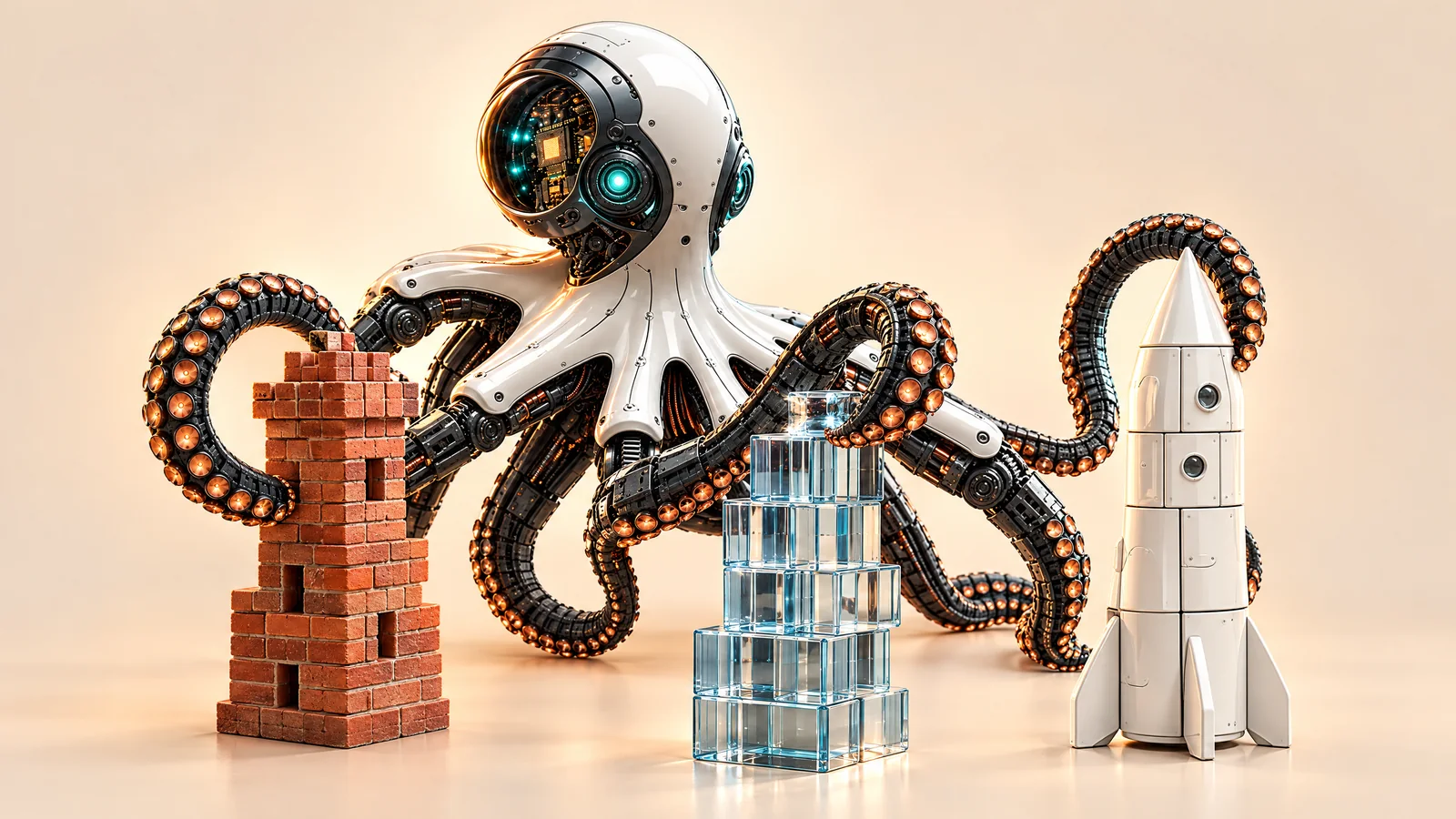 Ilustrație cu o caracatiță robot care compară trei turnuri construite din materiale diferite